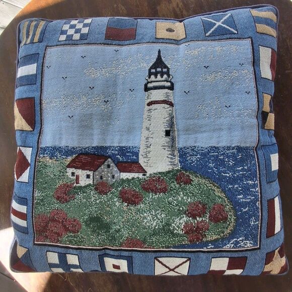 VTG Coastal Sea Nautical Lighthouse Tapestry Needlepoint Style Pillow 17x17 - Picture 1 of 2